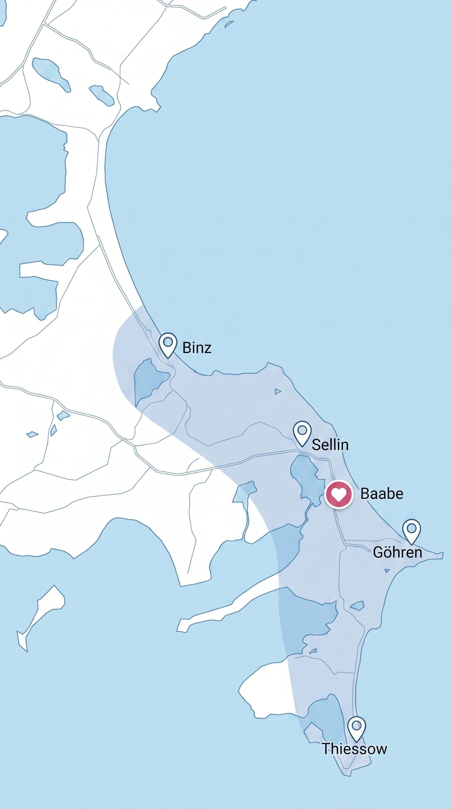 Einsatzgebiet Cleansee auf Rügen: Karte von Ost-Rügen, Mönchgut und Ostseebädern mit Reinigungsstandorten in Baabe, Binz, Sellin, Göhren und Thiessow